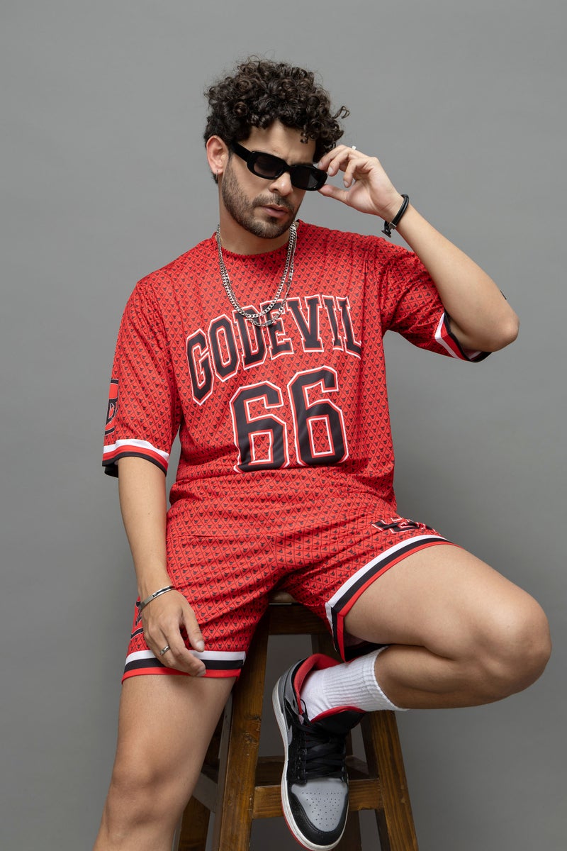 Go Devil 66 Red Printed Graphic Co-Ord Set for Men - Image 4